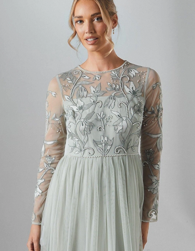 Long Sleeve Winter Floral Tulle Skirt Bridesmaid Maxi Dress