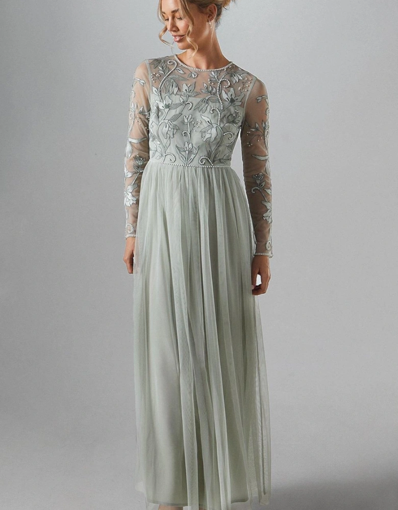 Long Sleeve Winter Floral Tulle Skirt Bridesmaid Maxi Dress