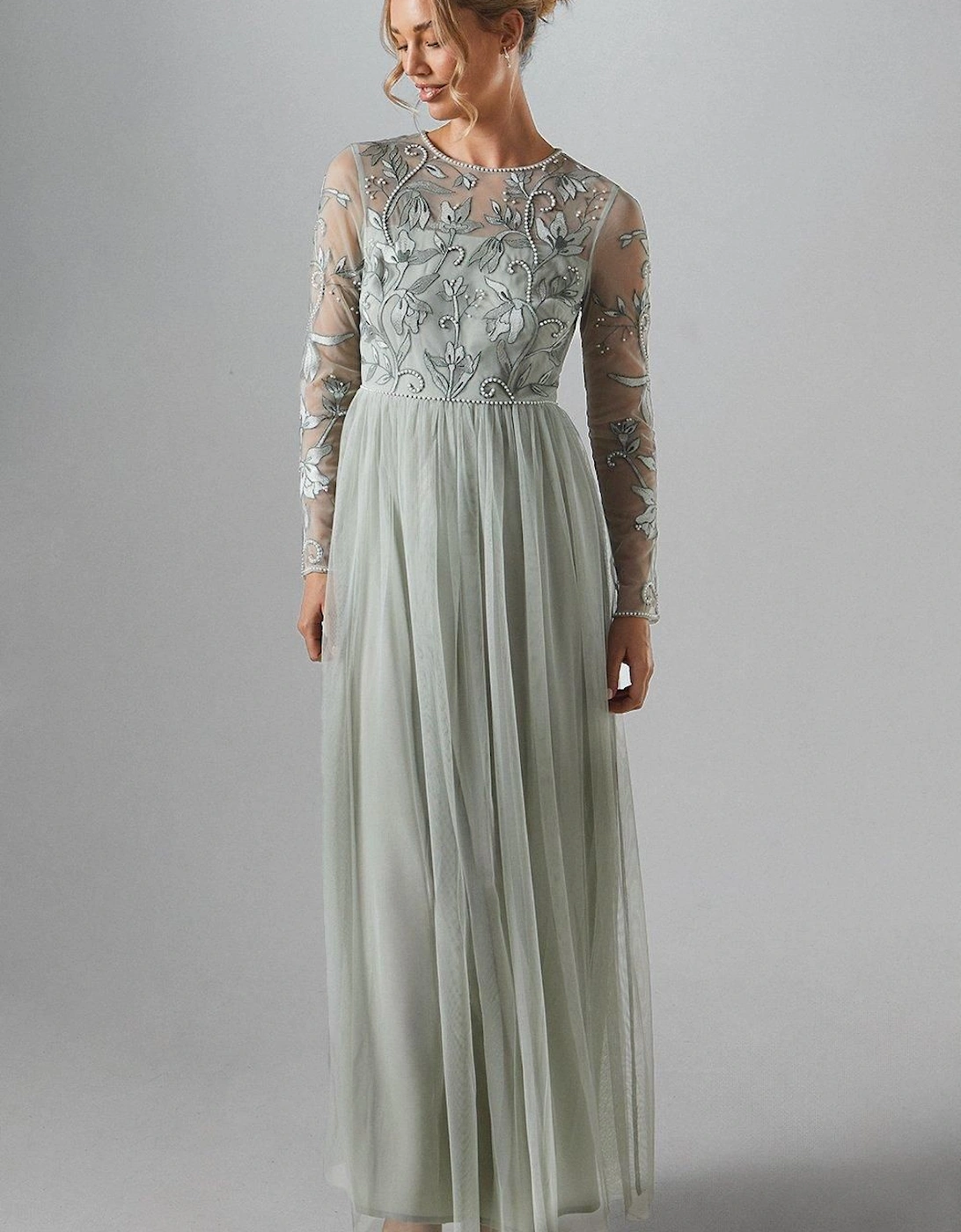 Long Sleeve Winter Floral Tulle Skirt Bridesmaid Maxi Dress, 6 of 5