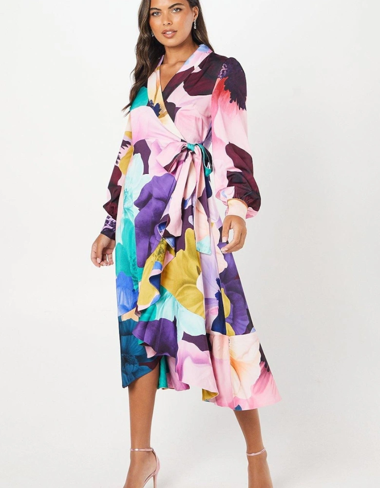 Premium Printed Satin Wrap Dress