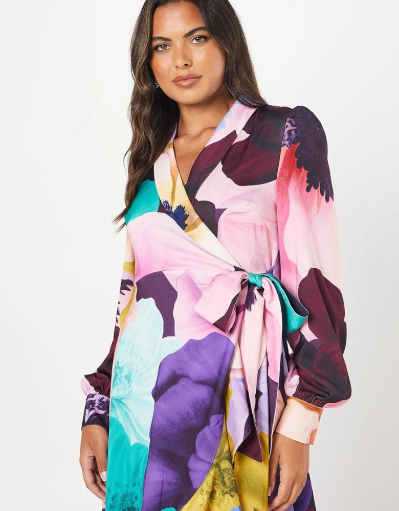 Premium Printed Satin Wrap Dress