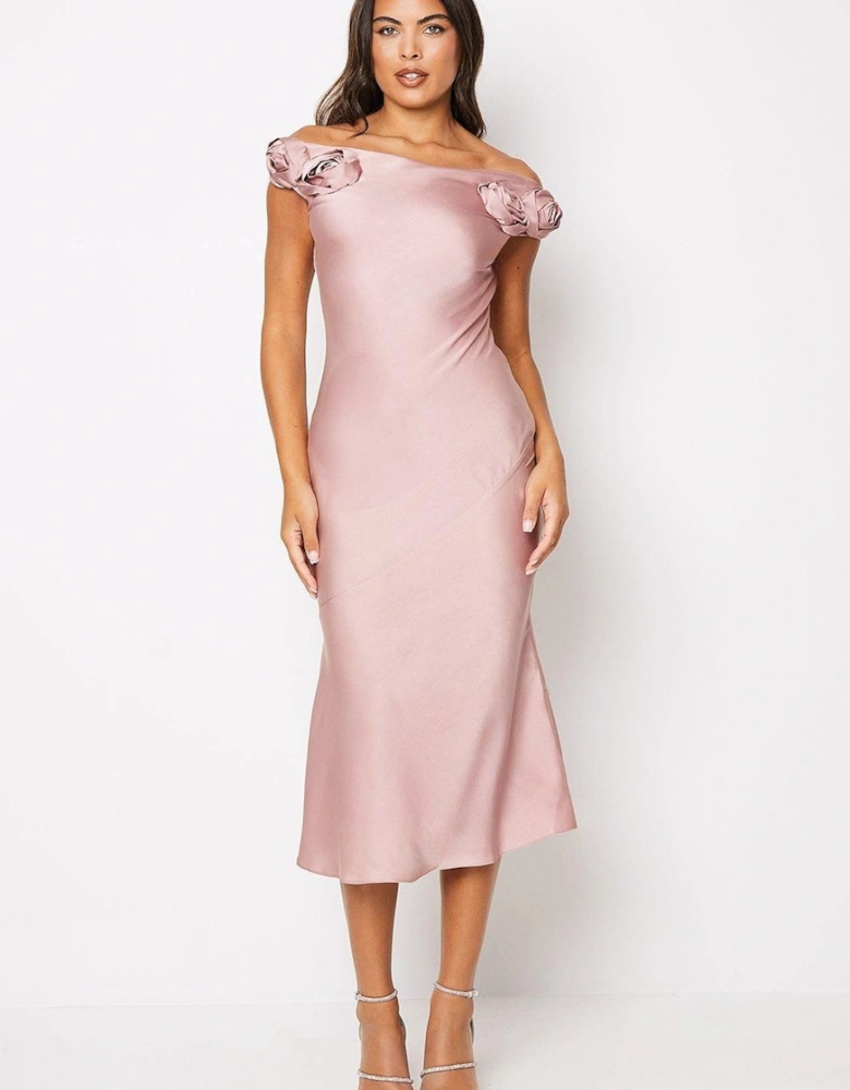 Rose Shoulder Bias Cut Midi Wedding Guest Dress