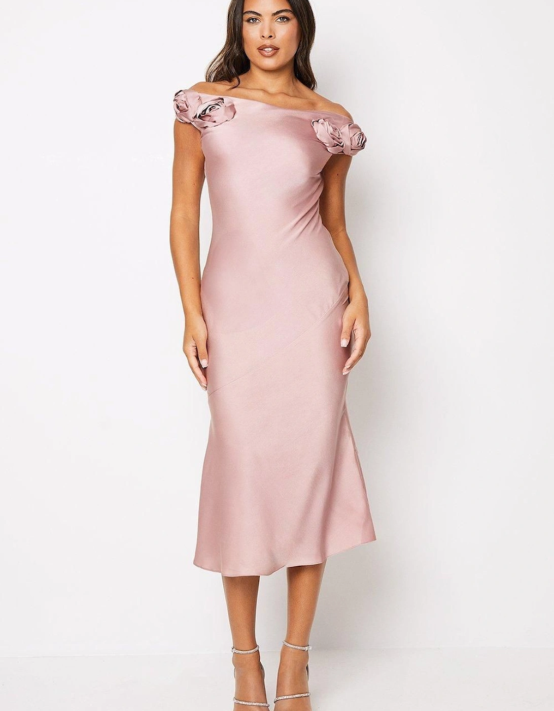 Rose Shoulder Bias Cut Midi Wedding Guest Dress, 6 of 5