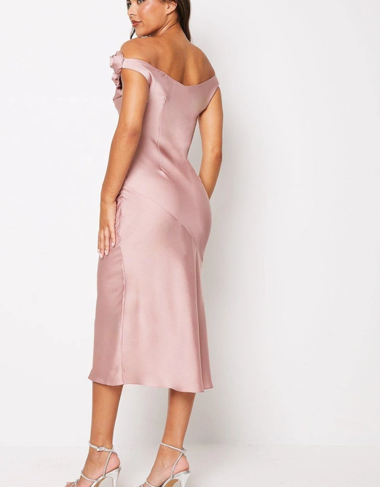 Rose Shoulder Bias Cut Midi Wedding Guest Dress