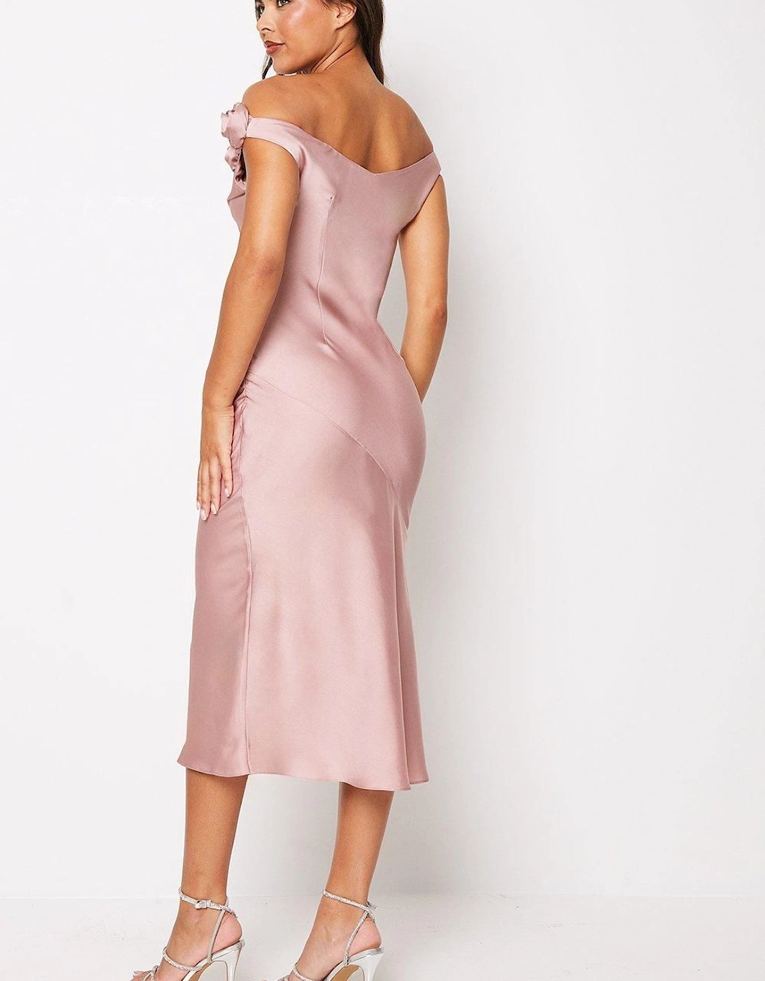 Rose Shoulder Bias Cut Midi Wedding Guest Dress