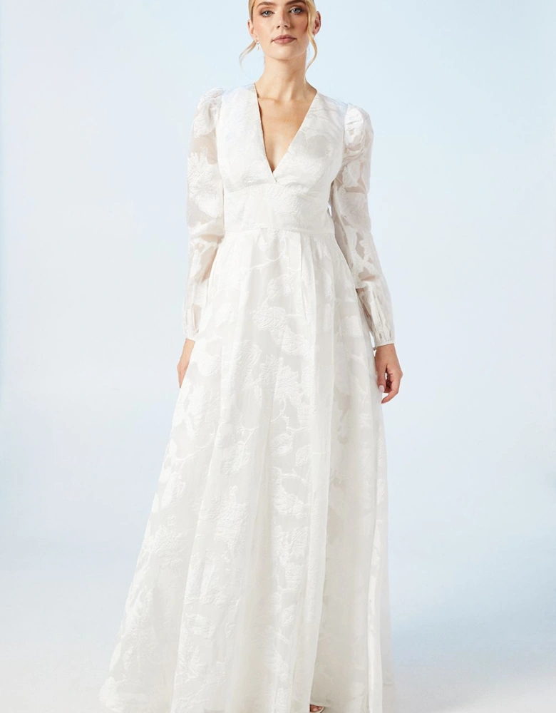 Plunge Neck Organza Jacquard Blouson Sleeve Wedding Dress