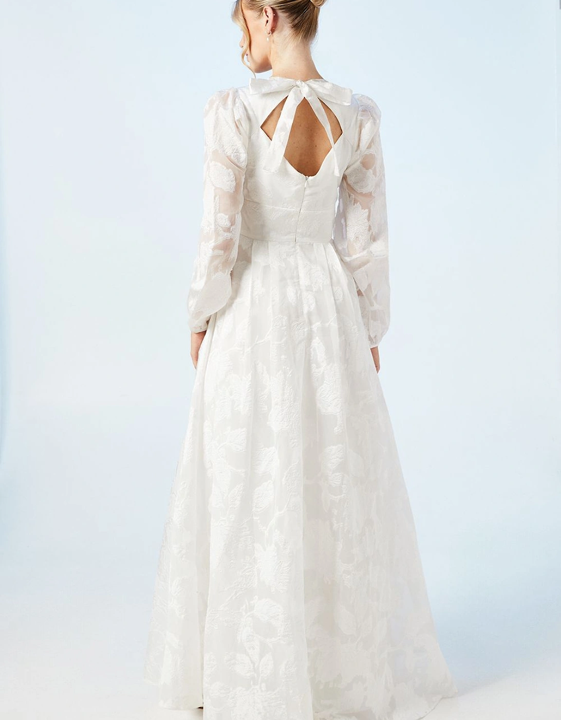 Plunge Neck Organza Jacquard Blouson Sleeve Wedding Dress