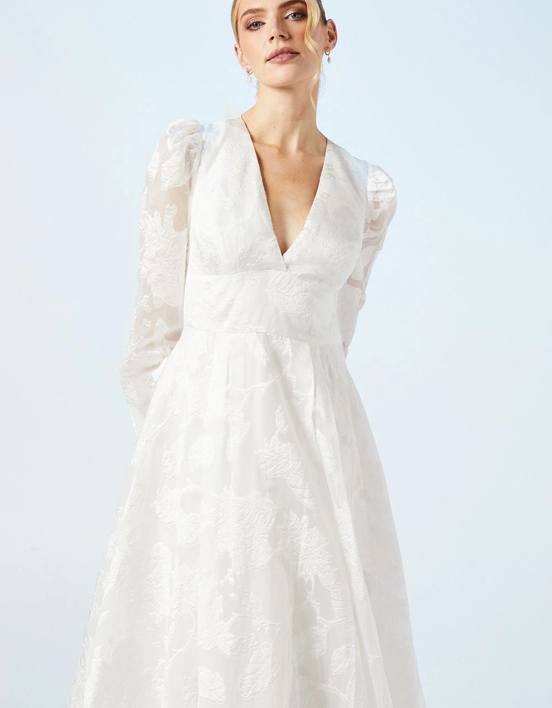 Plunge Neck Organza Jacquard Blouson Sleeve Wedding Dress