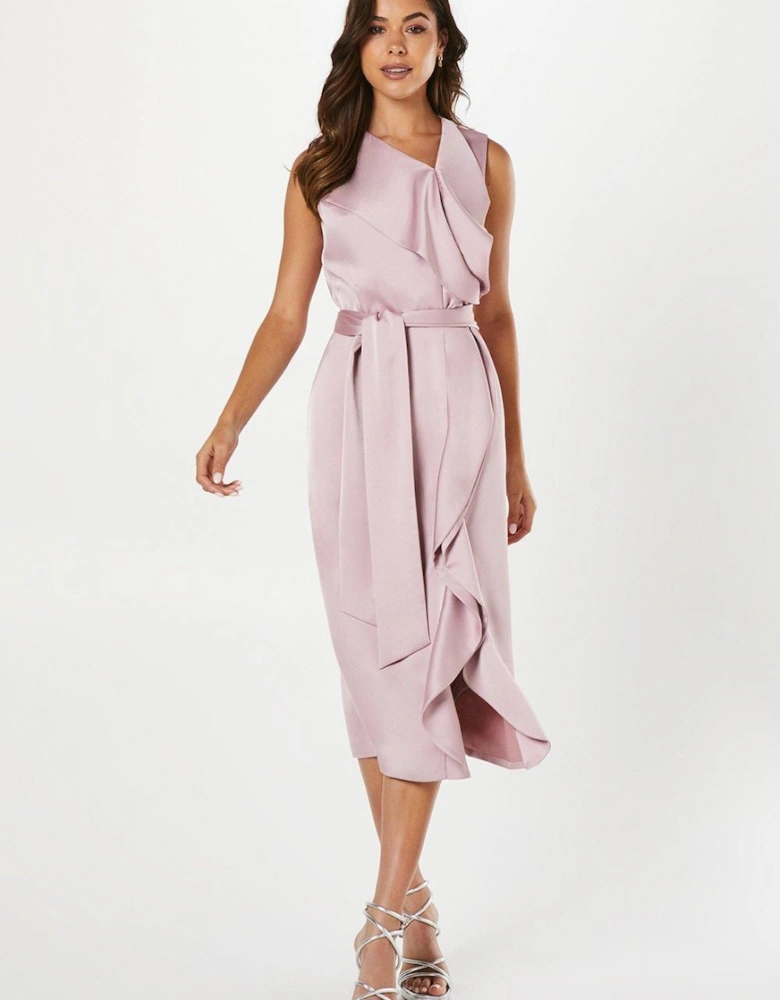 Waterfall Front Belted Satin Midi Dress