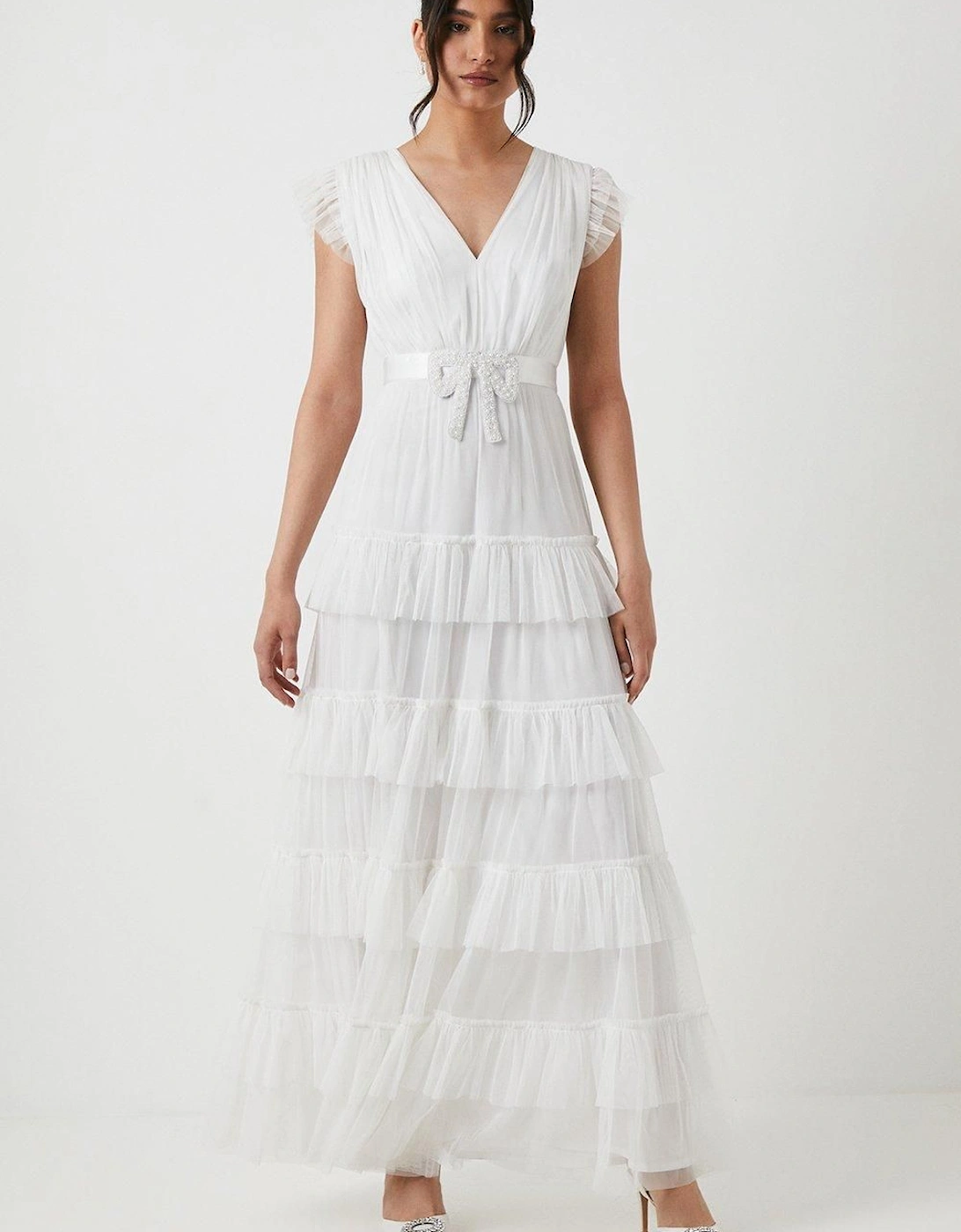 Embellished Bow Detail Mesh Tiered Wedding Dress, 6 of 5