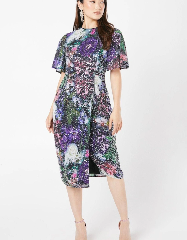 Printed Clear Sequin Flutter Sleeve Dress