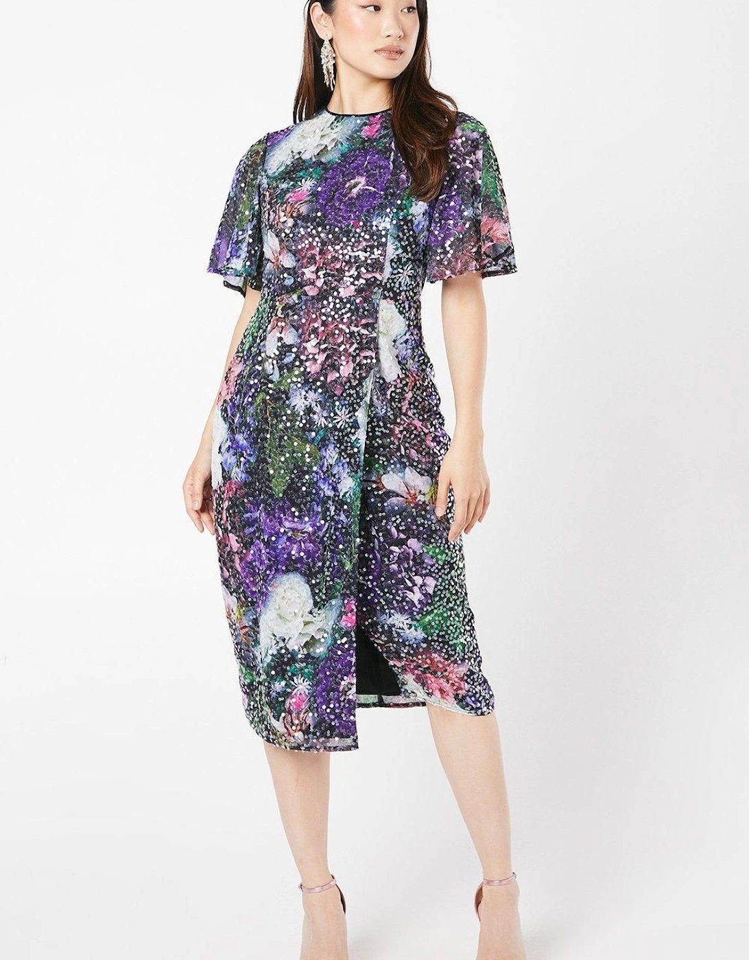 Printed Clear Sequin Flutter Sleeve Dress, 6 of 5