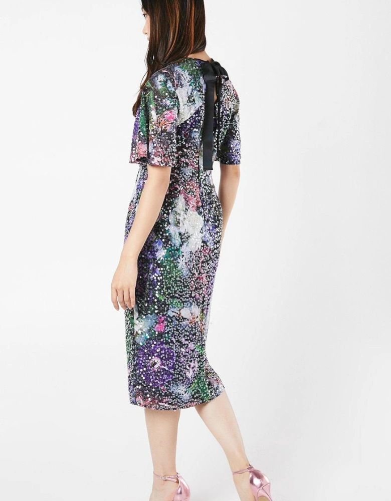 Printed Clear Sequin Flutter Sleeve Dress