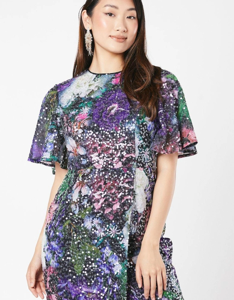 Printed Clear Sequin Flutter Sleeve Dress