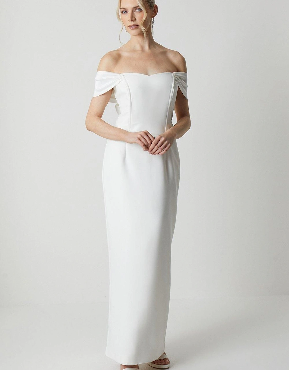 Draped Shoulder Tie Back Column Bridal Dress, 9 of 8