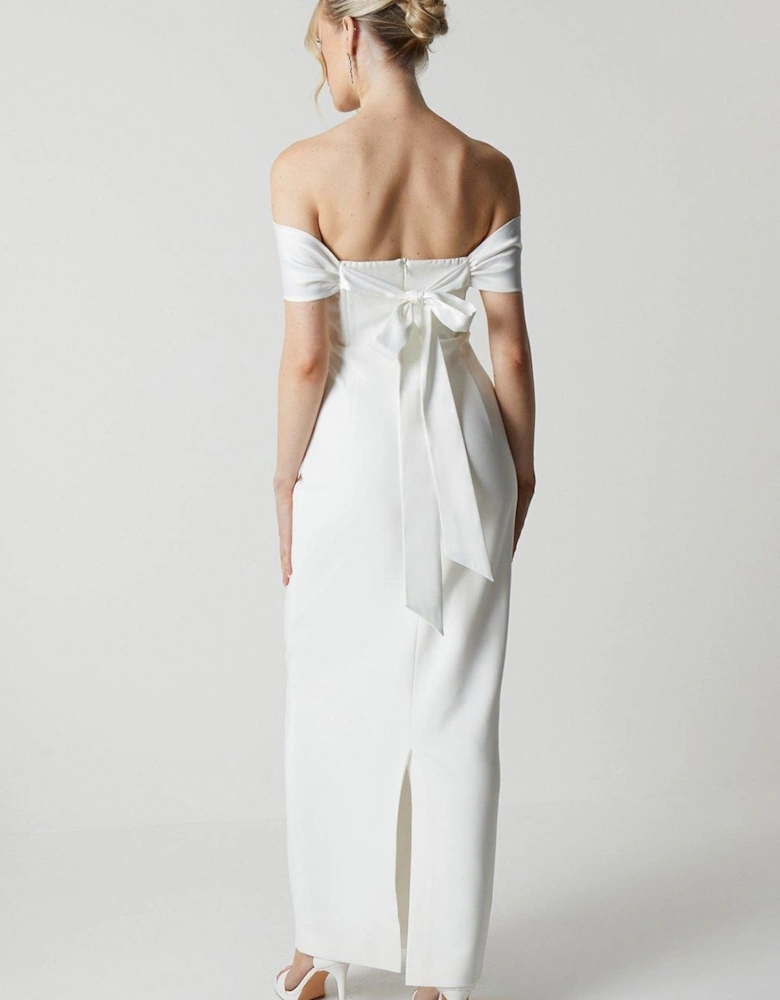 Draped Shoulder Tie Back Column Bridal Dress