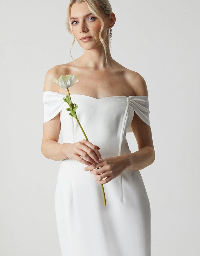 Draped Shoulder Tie Back Column Bridal Dress