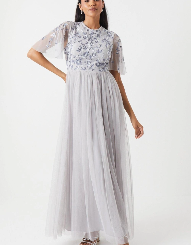 Floral Embroidered Bodice Angel Sleeve Bridesmaid Dress