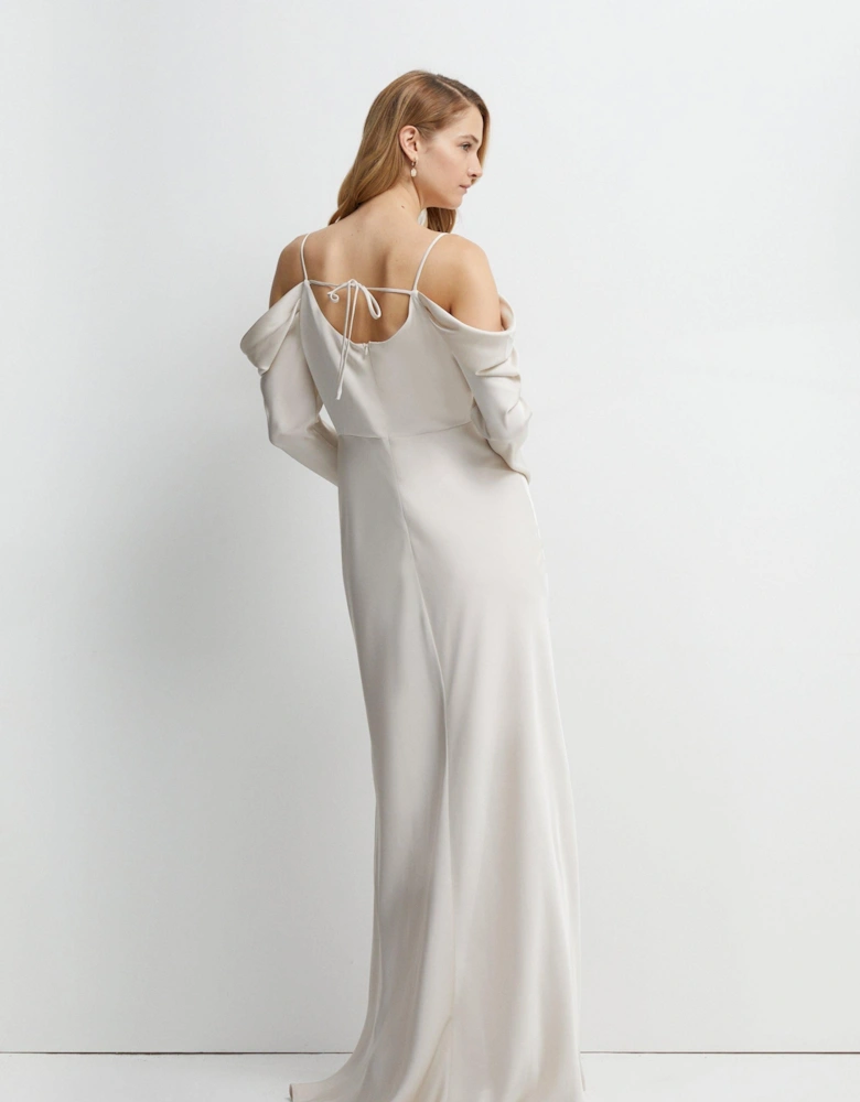 Long Sleeve Cowl Neck Satin Bridesmaids Dress