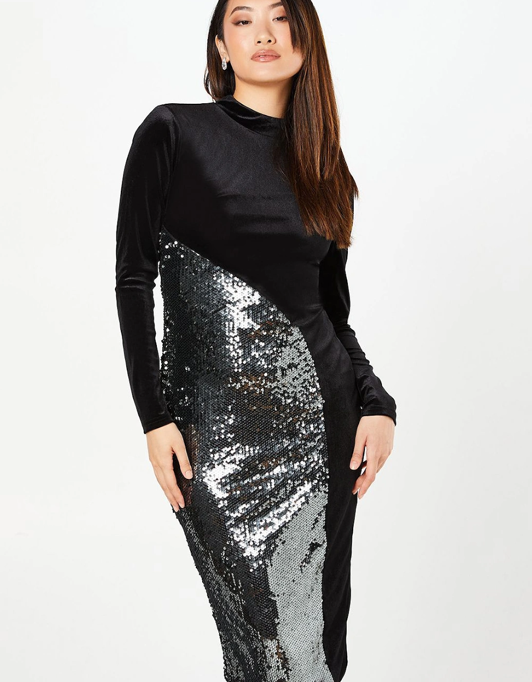 Party Sequin Long Sleeve Velvet Pencil Dress