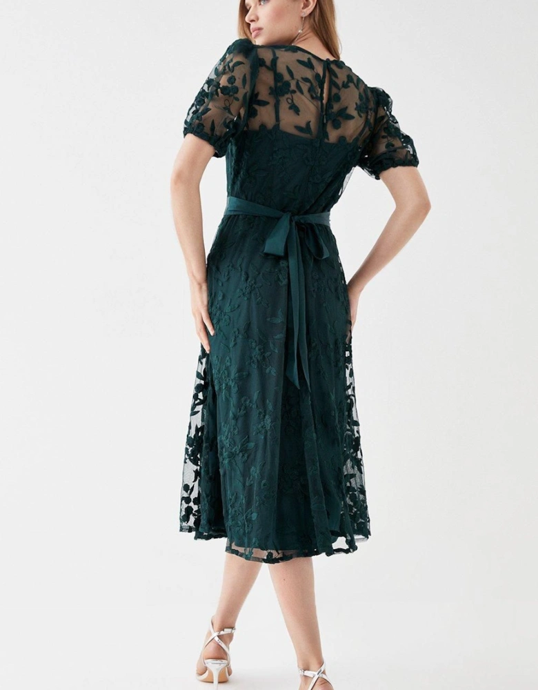 Embroidered Mesh Puff Sleeve Midi Dress