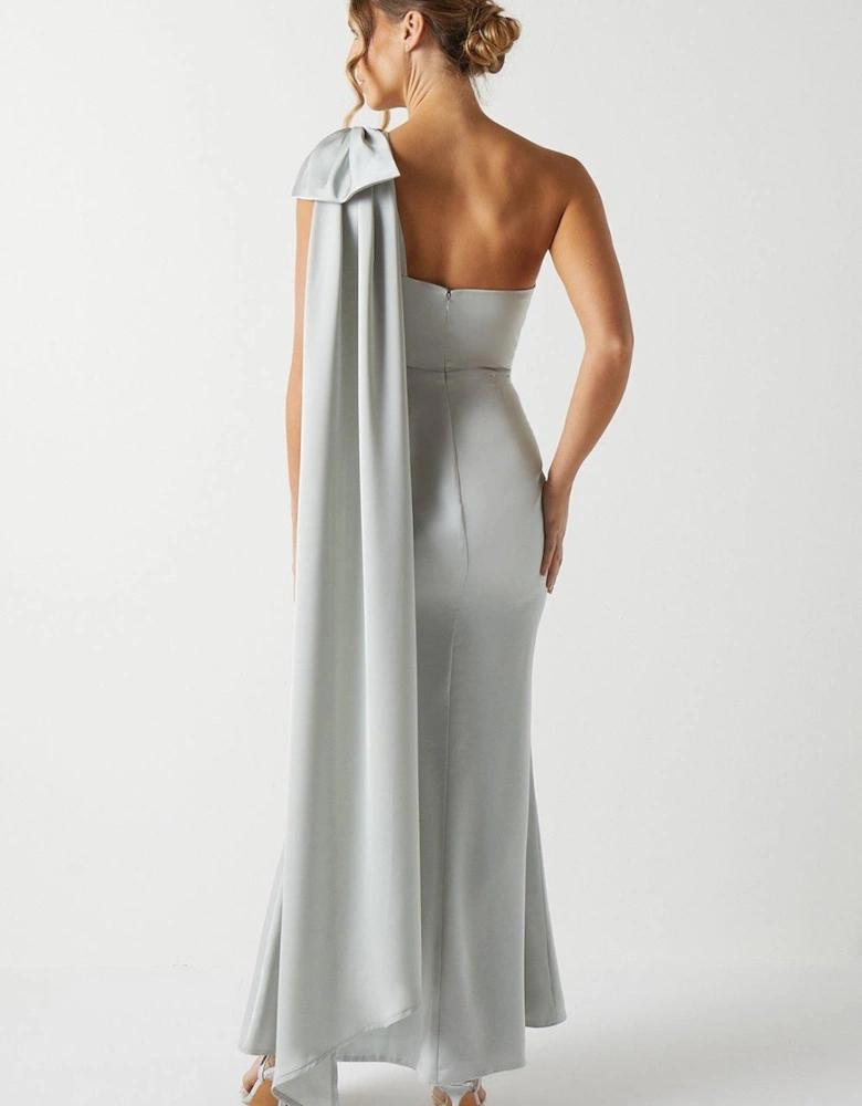 Bow And Drape Detail One Shoulder Satin Bridesmaid Dress