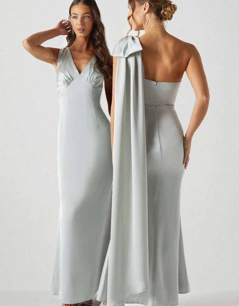 Bow And Drape Detail One Shoulder Satin Bridesmaid Dress