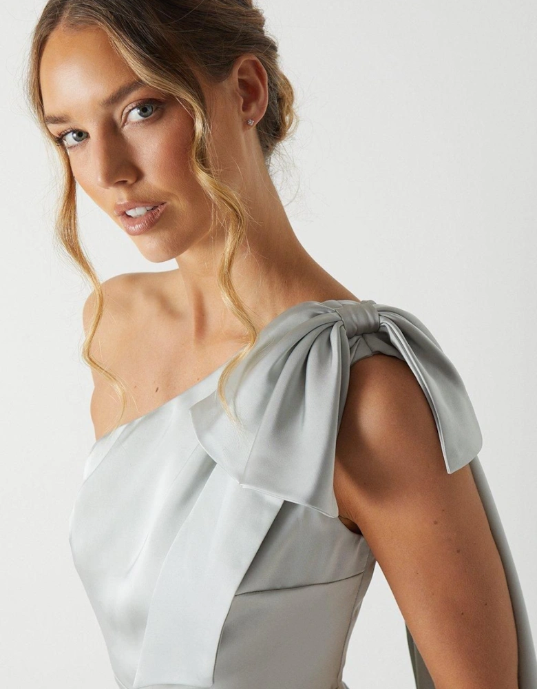 Bow And Drape Detail One Shoulder Satin Bridesmaid Dress