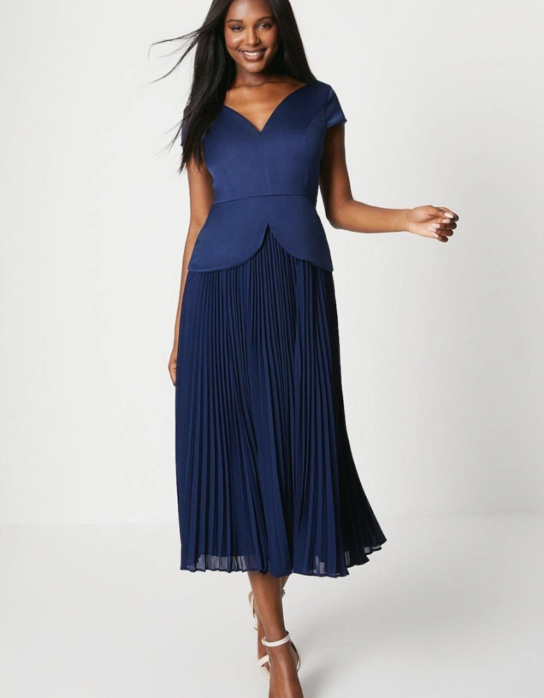 Pleated Skirt Overlay Bodice Midi Dress