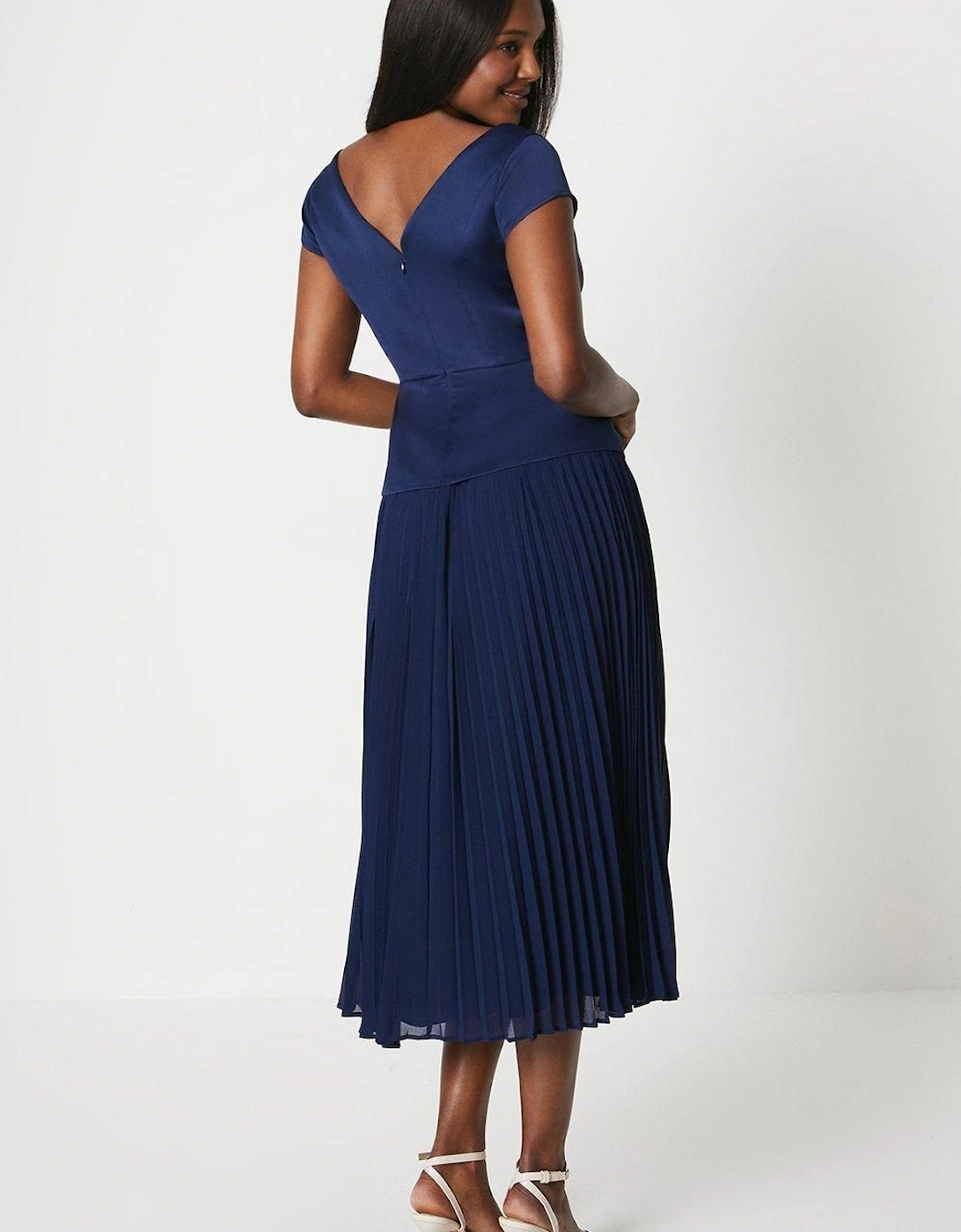 Pleated Skirt Overlay Bodice Midi Dress