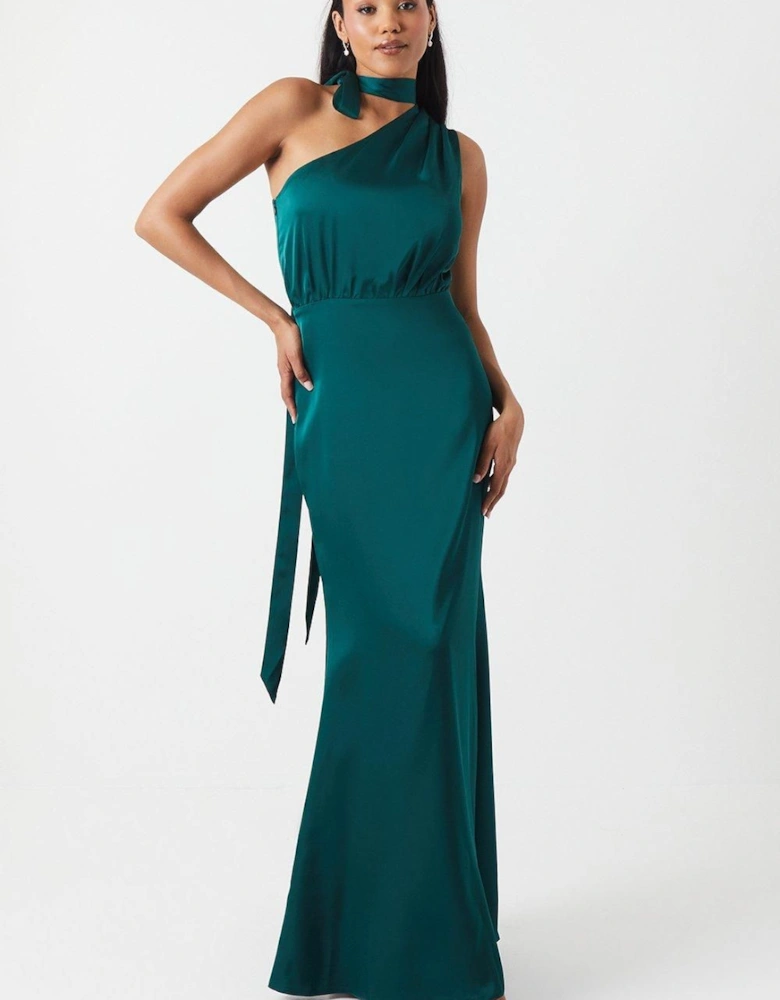 One Shoulder Tie Neck Satin Bridesmaid Dress