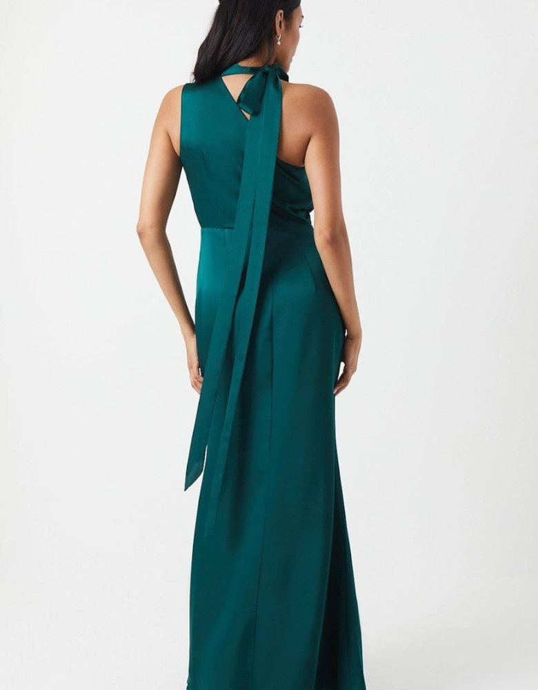 One Shoulder Tie Neck Satin Bridesmaid Dress