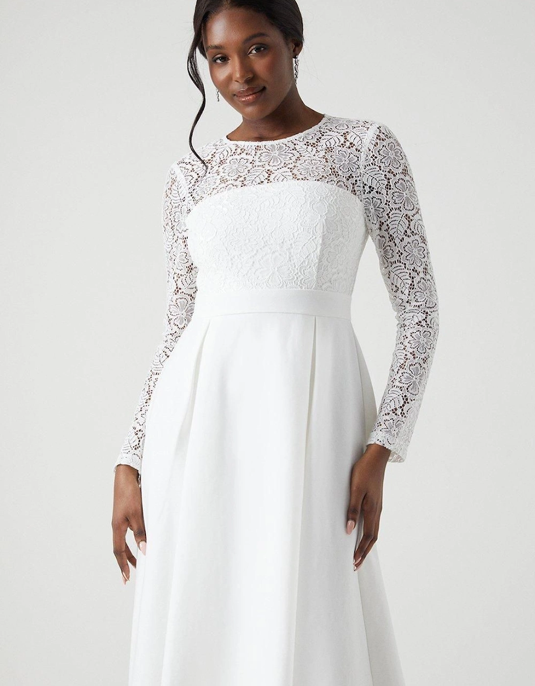 Long Sleeve Lace Ponte Midi Wedding Dress