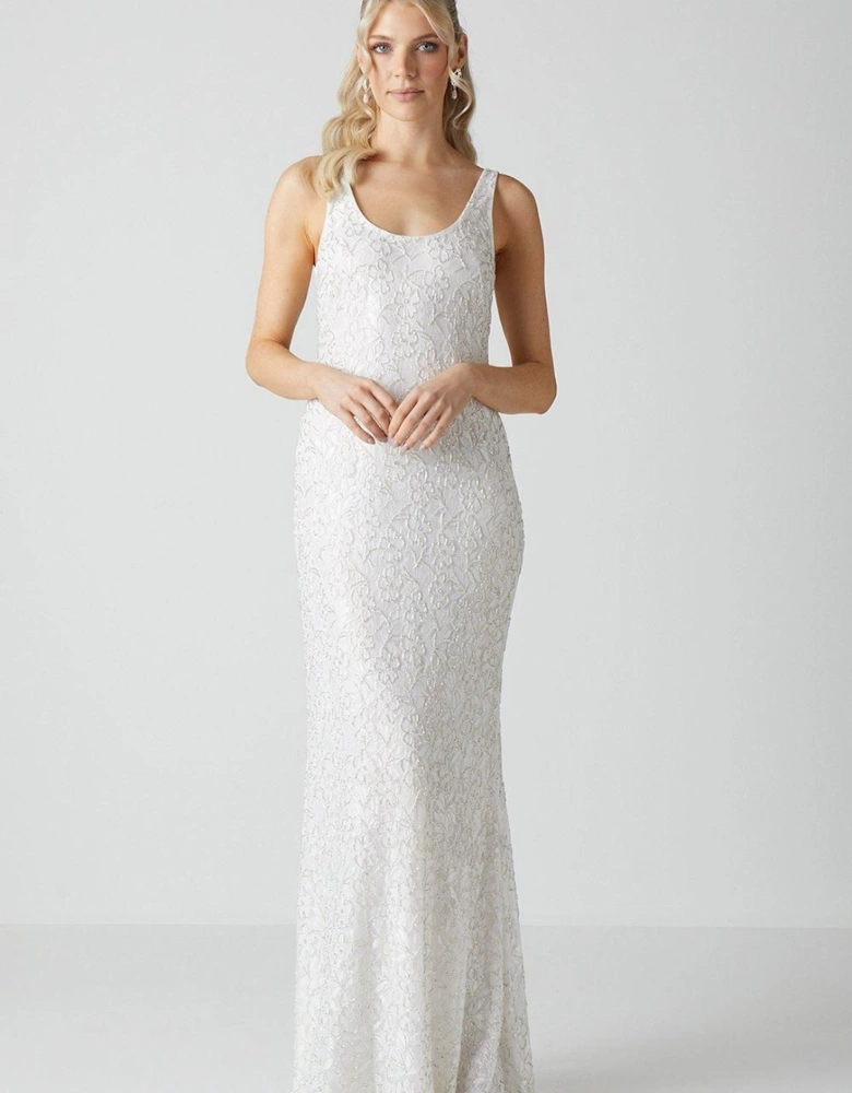 Embellished Lace Column Maxi Wedding Dress