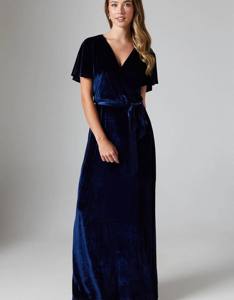 Teen Velvet Angel Sleeve Bridesmaids Maxi Dress