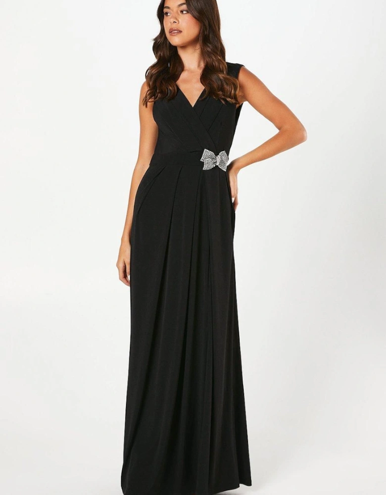 Stretch Jersey Pleated Bodice Maxi Dress With Diamante Brooch