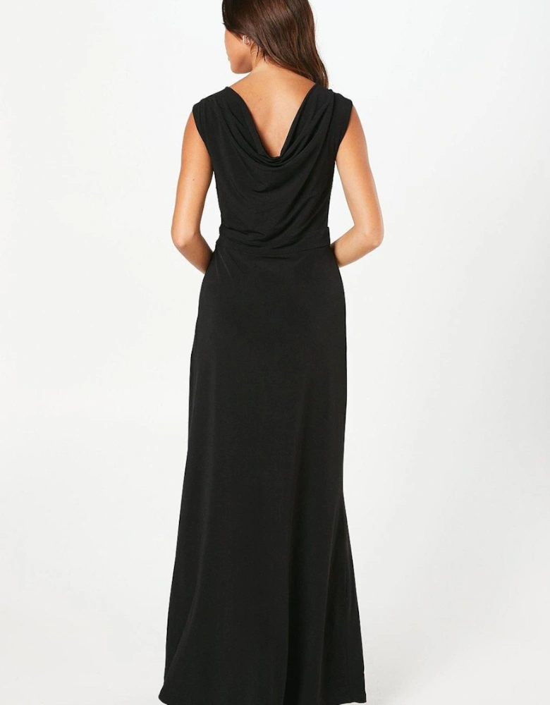 Stretch Jersey Pleated Bodice Maxi Dress With Diamante Brooch