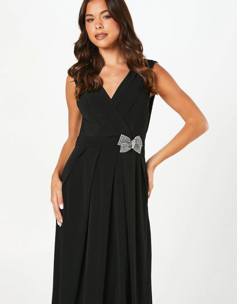 Stretch Jersey Pleated Bodice Maxi Dress With Diamante Brooch