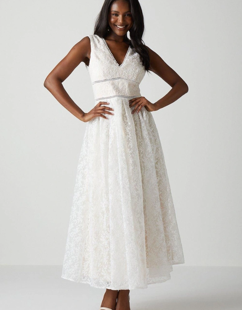 V Neck Full Skirted Embroidered Wedding Dress