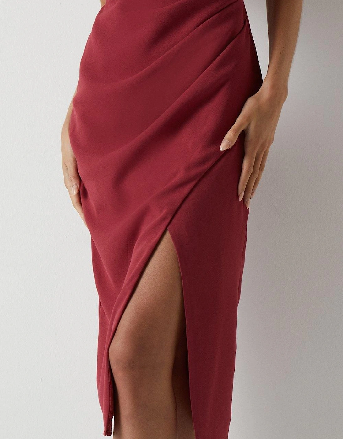 Pleated Strappy Wrap Over Satin Bridesmaids Dress