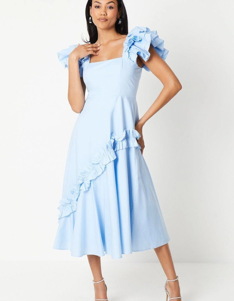 Frill Sleeve Ruffle Skirt Cotton Midi Dress