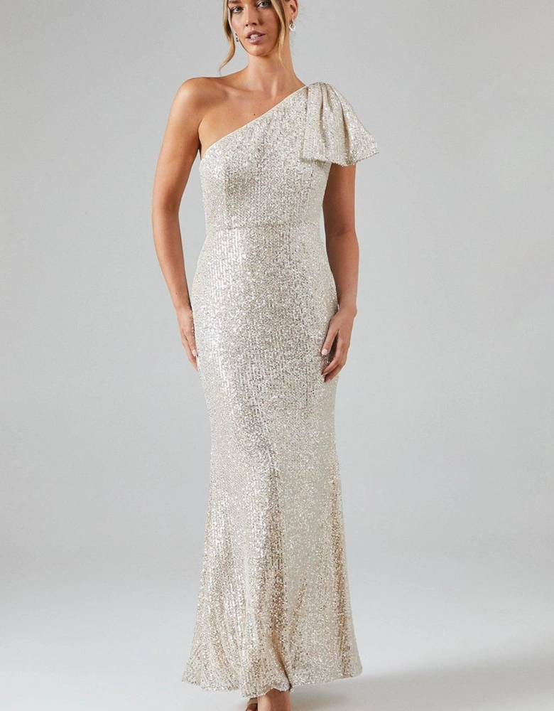 Sequin Bow One Shoulder Bridesmaid Maxi Dress