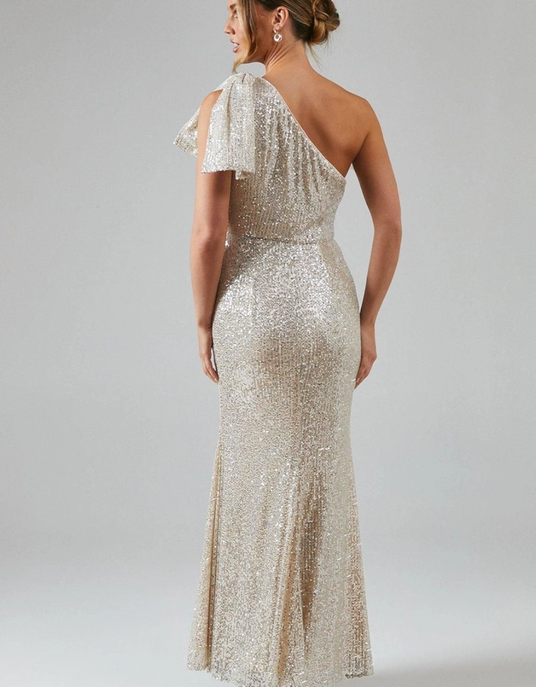 Sequin Bow One Shoulder Bridesmaid Maxi Dress