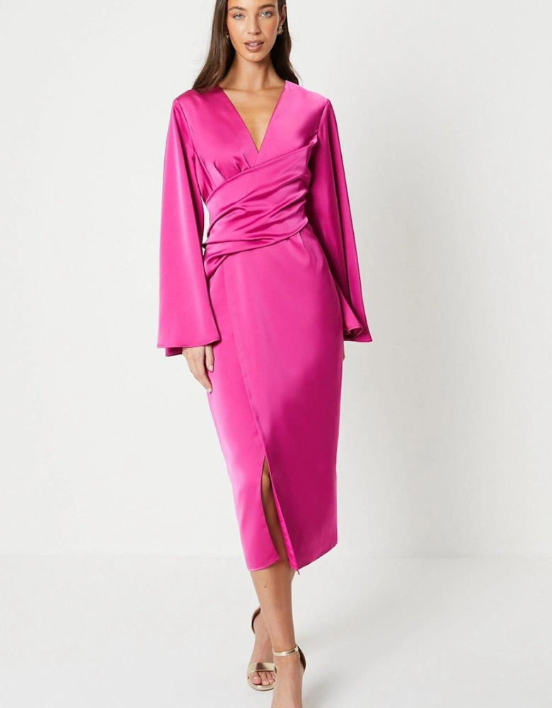 Satin Wrap Dress With Flare Sleeve