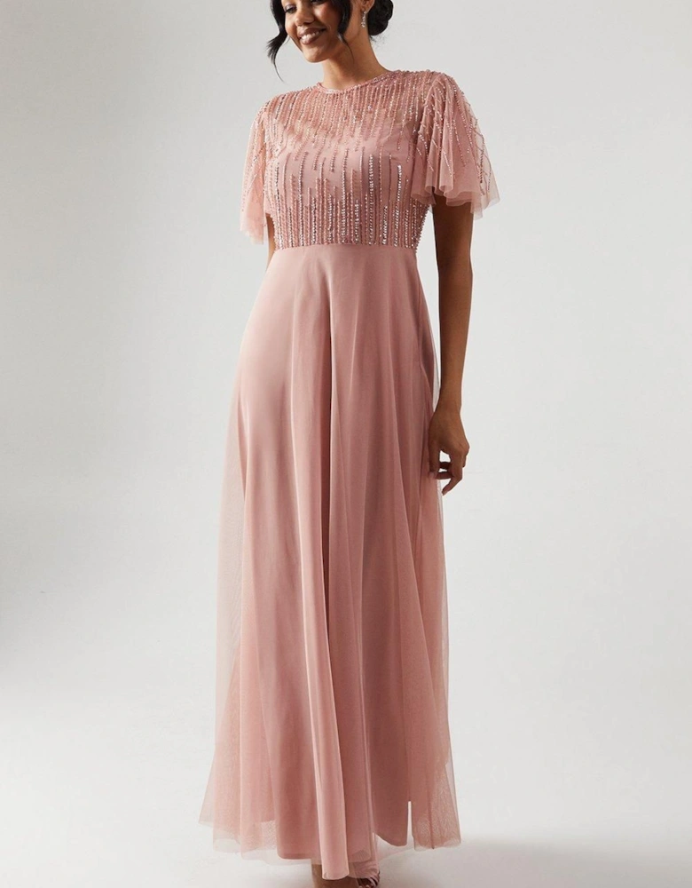 Ombre Embellished Angel Sleeve Bridesmaids Dress