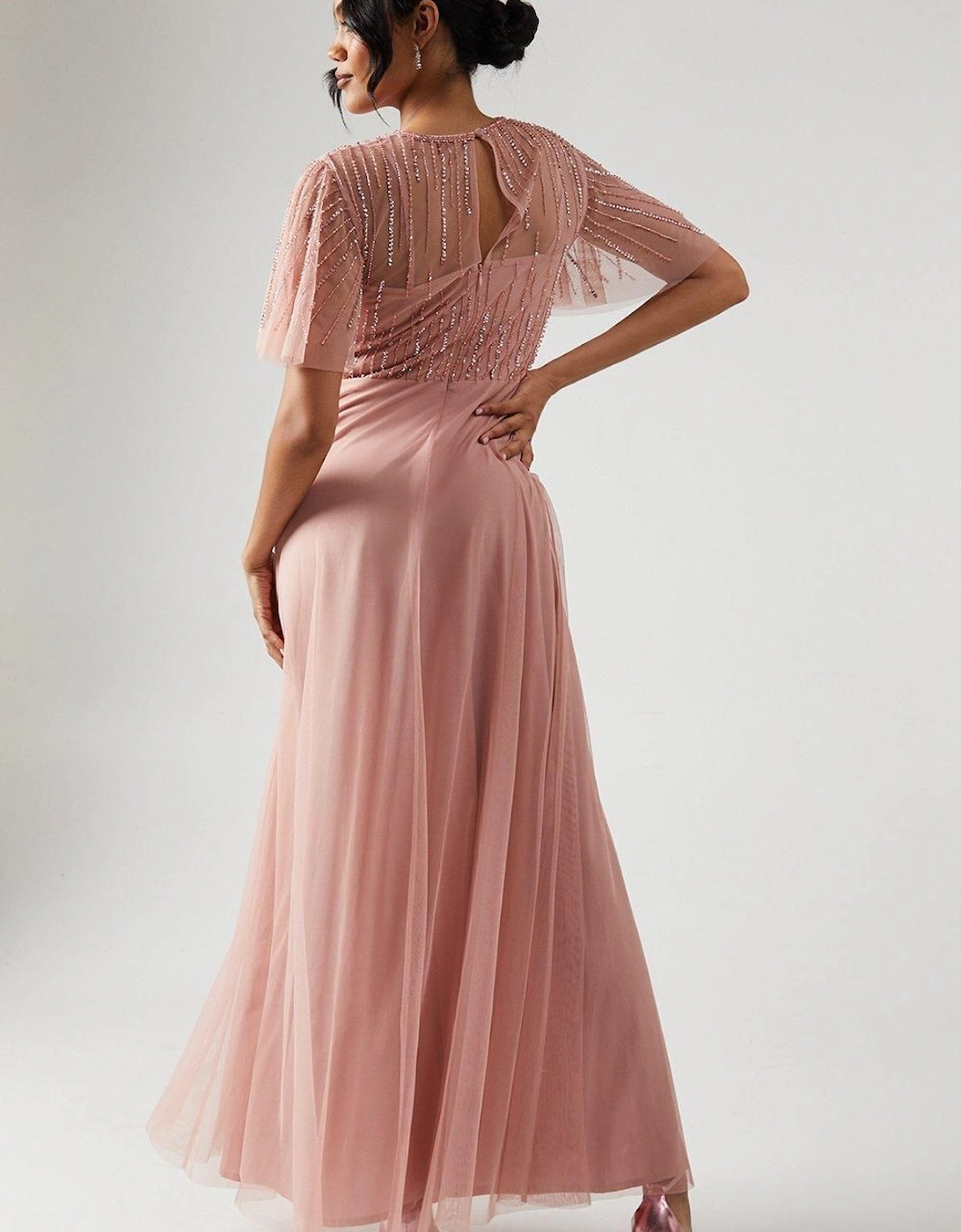 Ombre Embellished Angel Sleeve Bridesmaids Dress