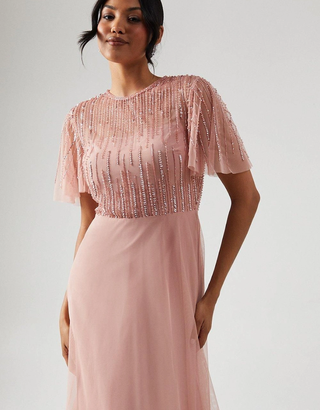 Ombre Embellished Angel Sleeve Bridesmaids Dress