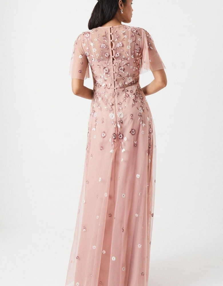 Embroidered Angel Sleeve Bridesmaid Maxi Dress