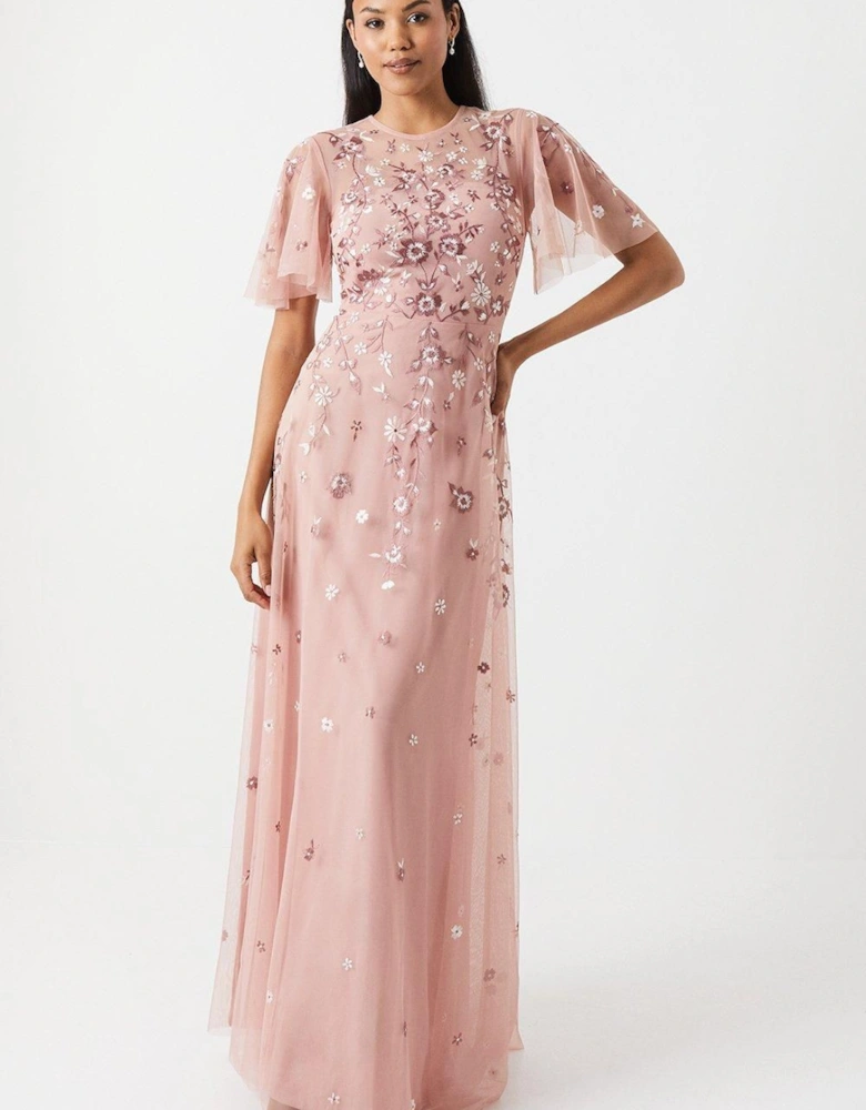 Embroidered Angel Sleeve Bridesmaid Maxi Dress