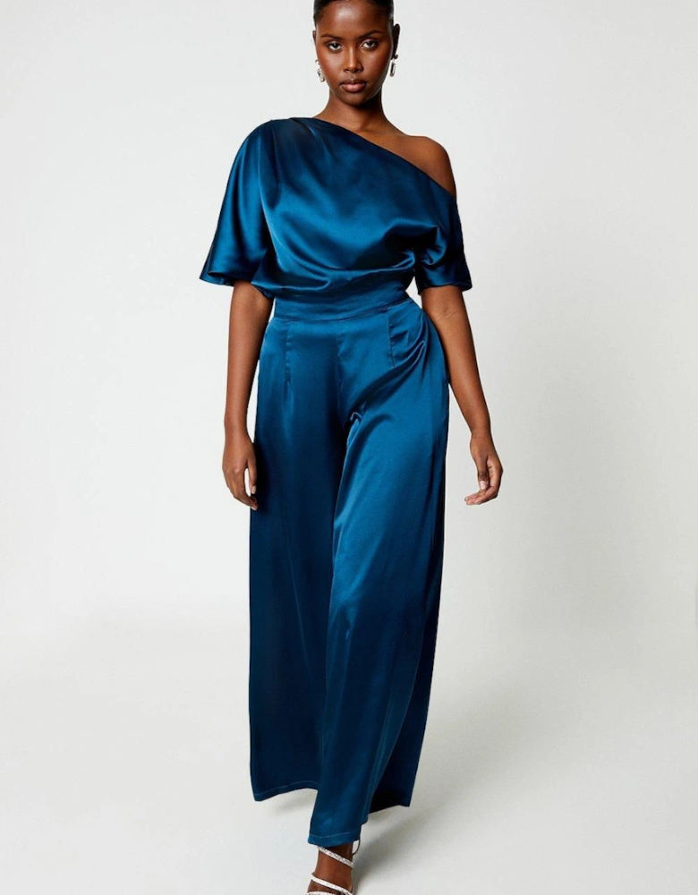 One Shoulder Satin Top Jumpsuit